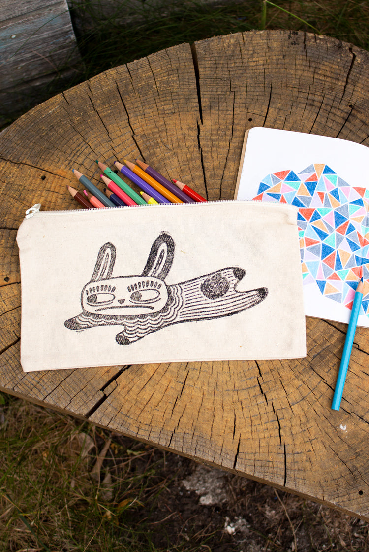 Disgruntled Bunny - Block-Printed Pencil Pouch -Black