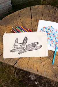 Disgruntled Bunny - Block-Printed Pencil Pouch -Black