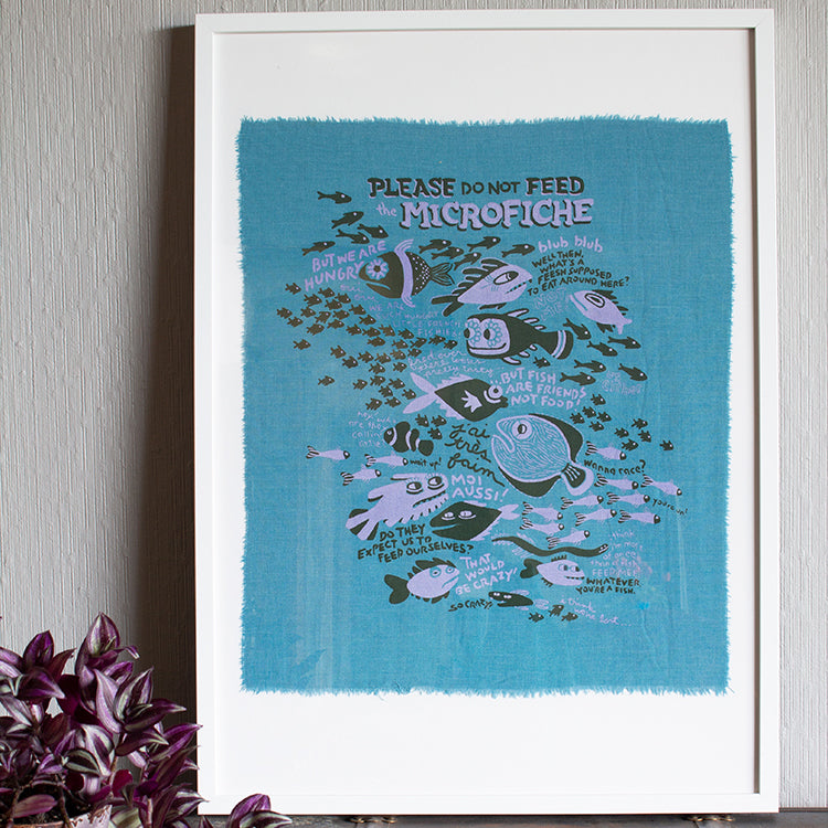 Please Do Not Feed the Microfiche - Silk-Screened Art Print on Fabric