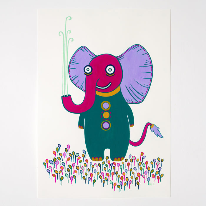 Mr. Elephant Enjoys Wearing his Button-up Pyjamas in the Garden - Original Painting