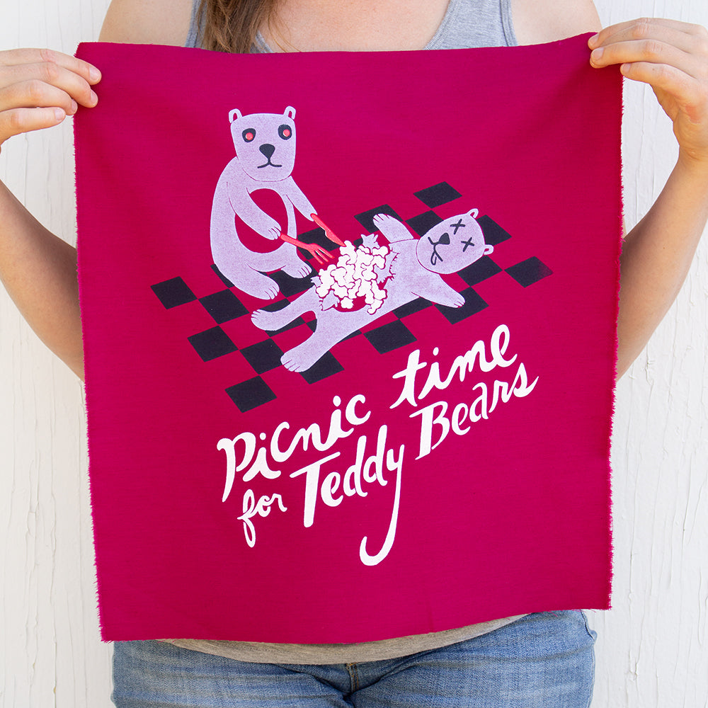 Cannibal Teddy Bear - Silk-Screened Art Print on Fabric