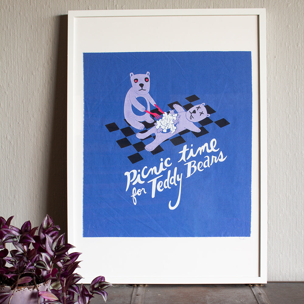 Cannibal Teddy Bear - Silk-Screened Art Print on Fabric