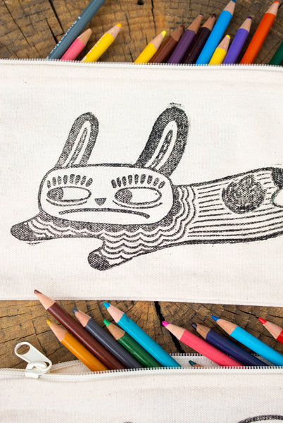 Disgruntled Bunny - Block-Printed Pencil Pouch -Black