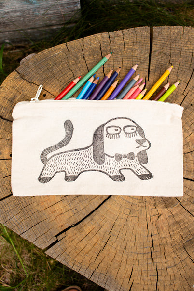 Spacey Doggy - Block-Printed Pencil Pouch - Black