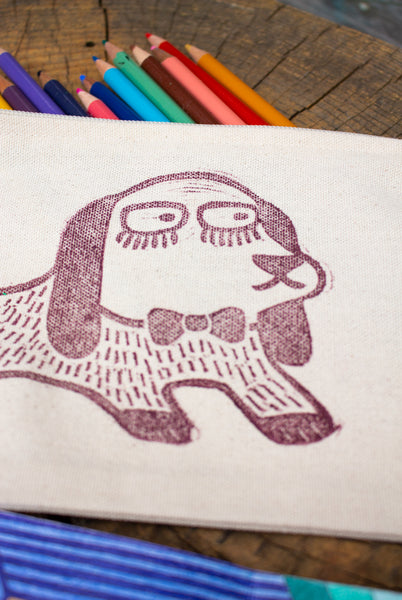 Spacey Doggy - Block-Printed Pencil Pouch - Burgundy