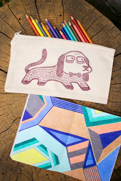 Spacey Doggy - Block-Printed Pencil Pouch - Burgundy