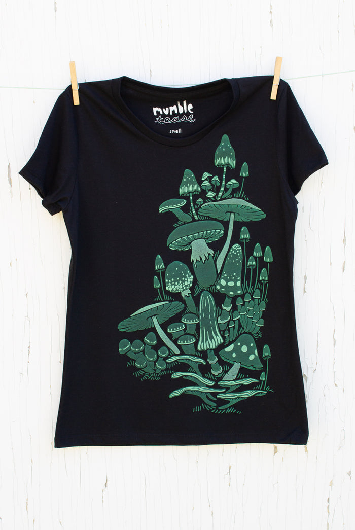 Mushrooms - Black with Teal Women's T-shirt