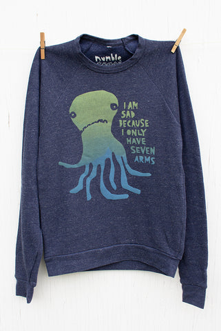 Sad Seven Armed Octopus - Blue Denim Unisex Fleece Pullover